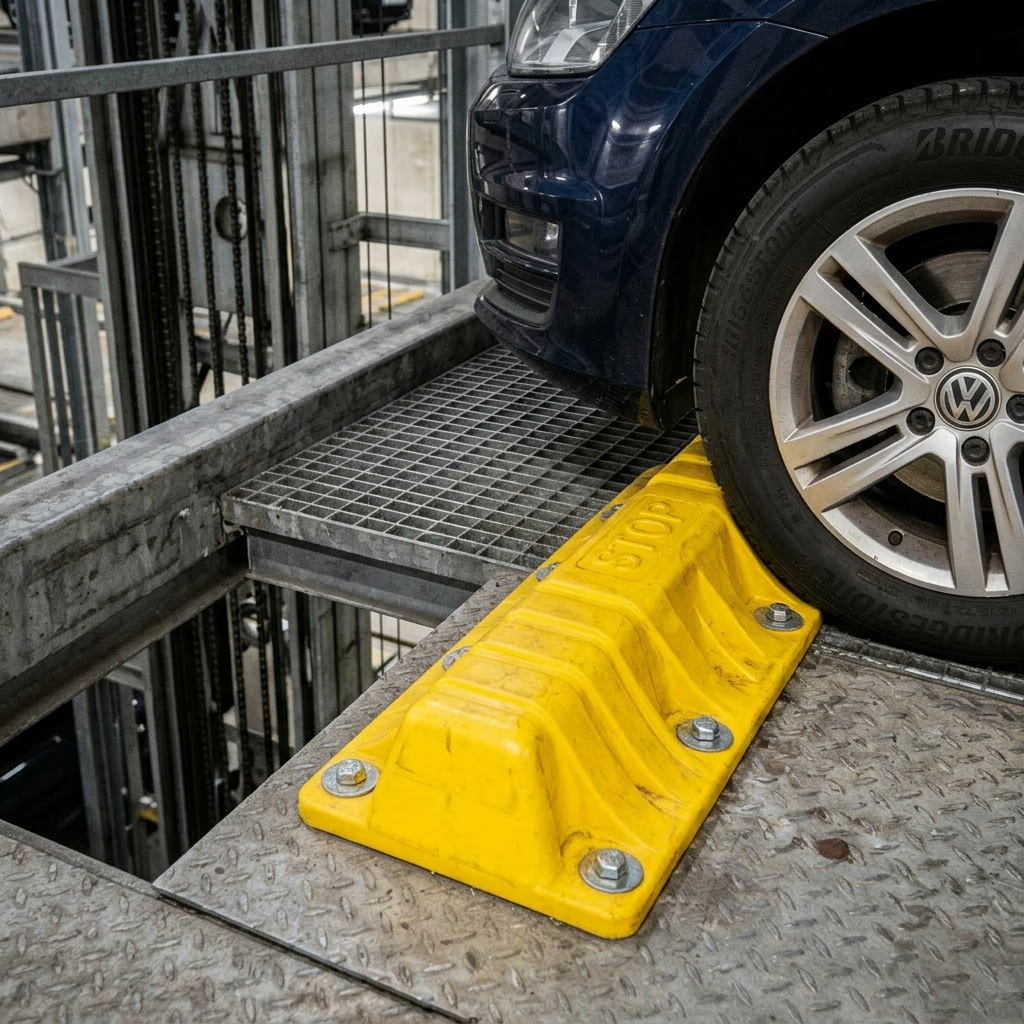 Car wheel stopper in parking lift Front wheel of blue Volkswagen car against yellow STOP block on metal platform