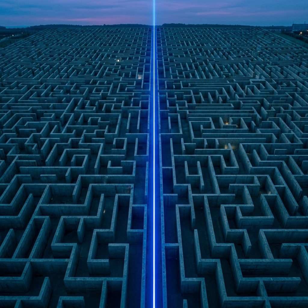 Wide aerial view of a large maze with a blue illuminated path cutting through the center.