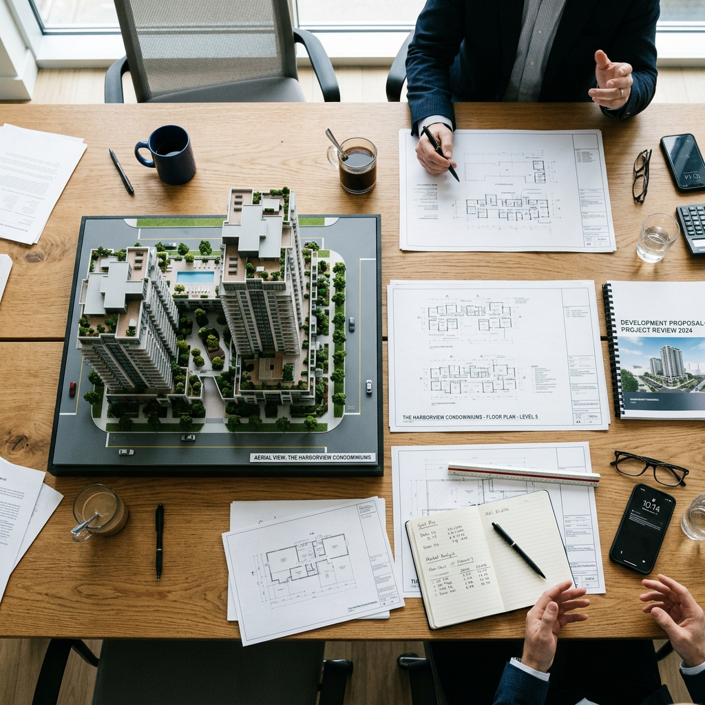Architectural planning and development meeting Architecture model of condominium buildings with floor plans and notebooks on a table